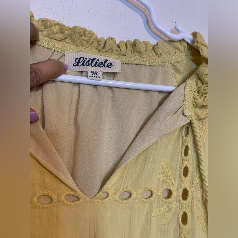 Listicle Yellow Eyelet Ruffle Mini Dress Boho Peasant 3/4 Sleeve Medium M - Picture 6 of 10